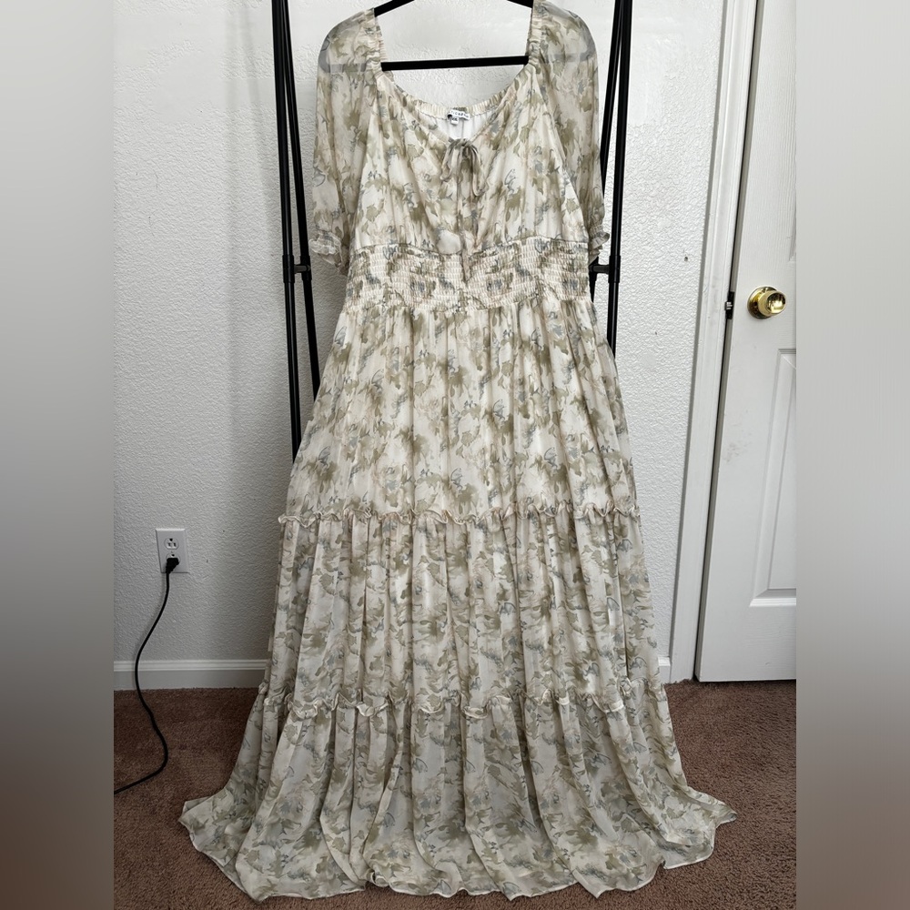 Sage Floral Tiered Flowy Maxi Dress